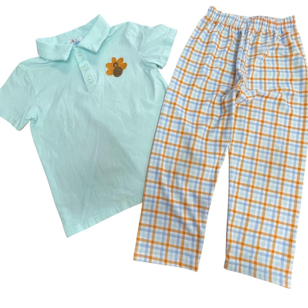 Funfetti Kids Plaid Pajama Set 4T Blue Orange Turkey Applique Polo Shirt